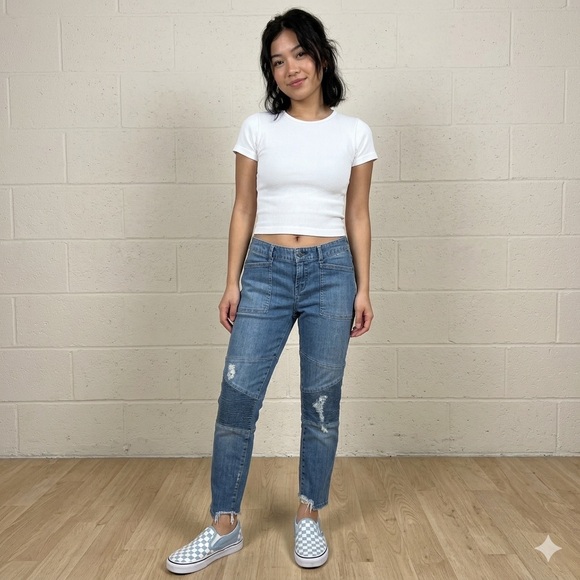 Free People Denim - Free People Moto Jeans 28 High Rise Patchwork Utility Pockets Distressed